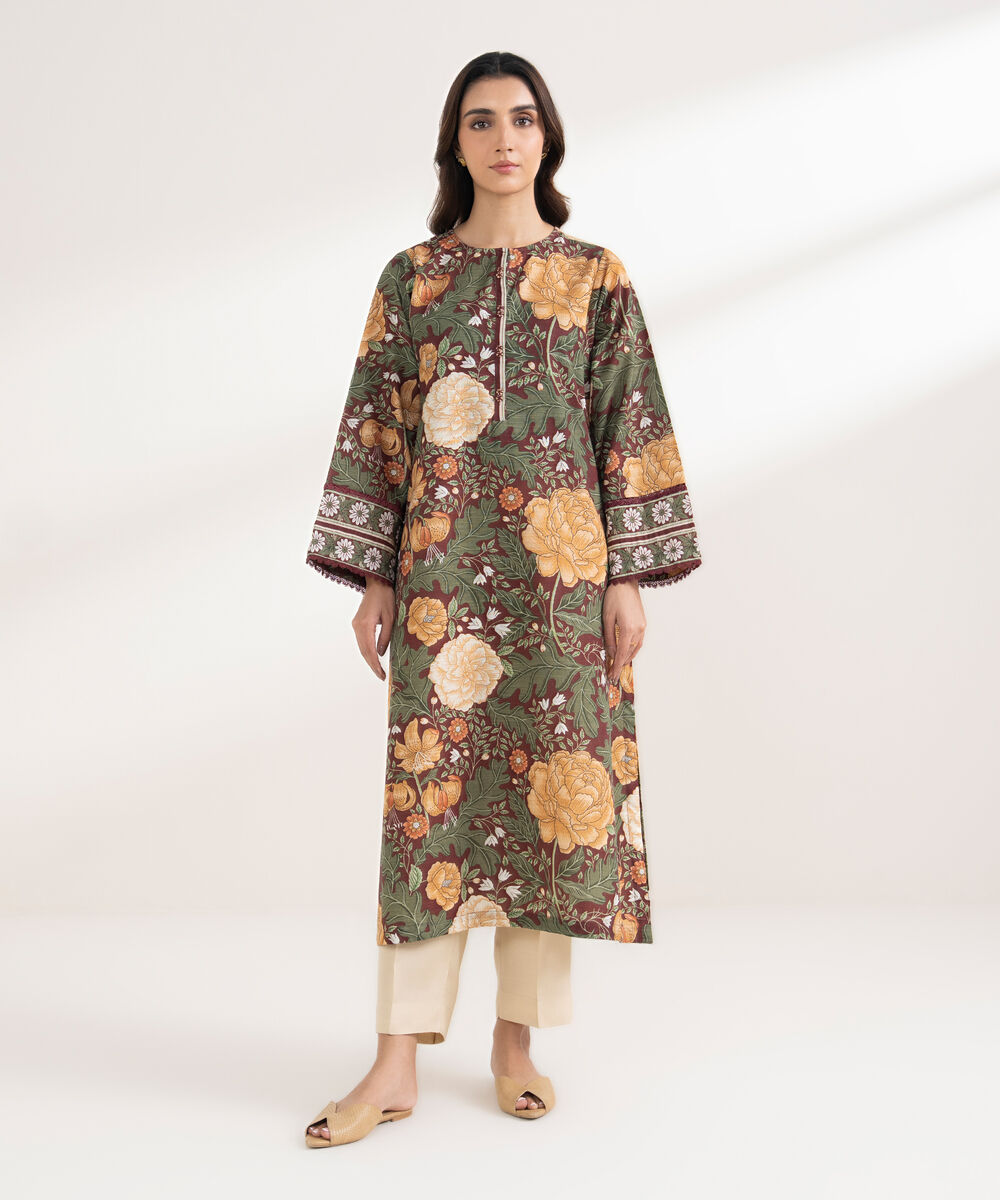 Women's RTW Khaddar Printed A-Line Maroon Shirt