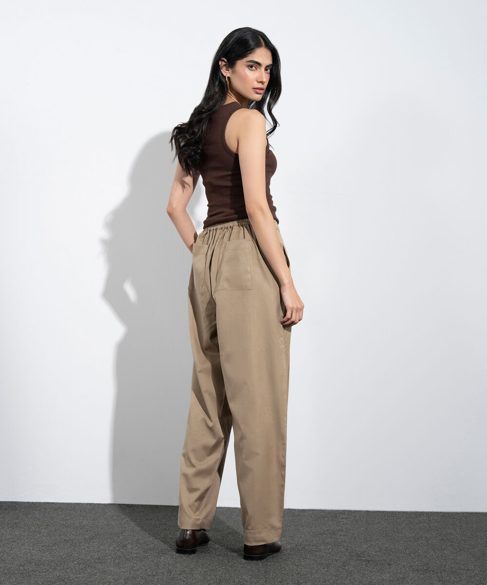 Women's Western Sand Pleated Barrel Linen Blend Trousers