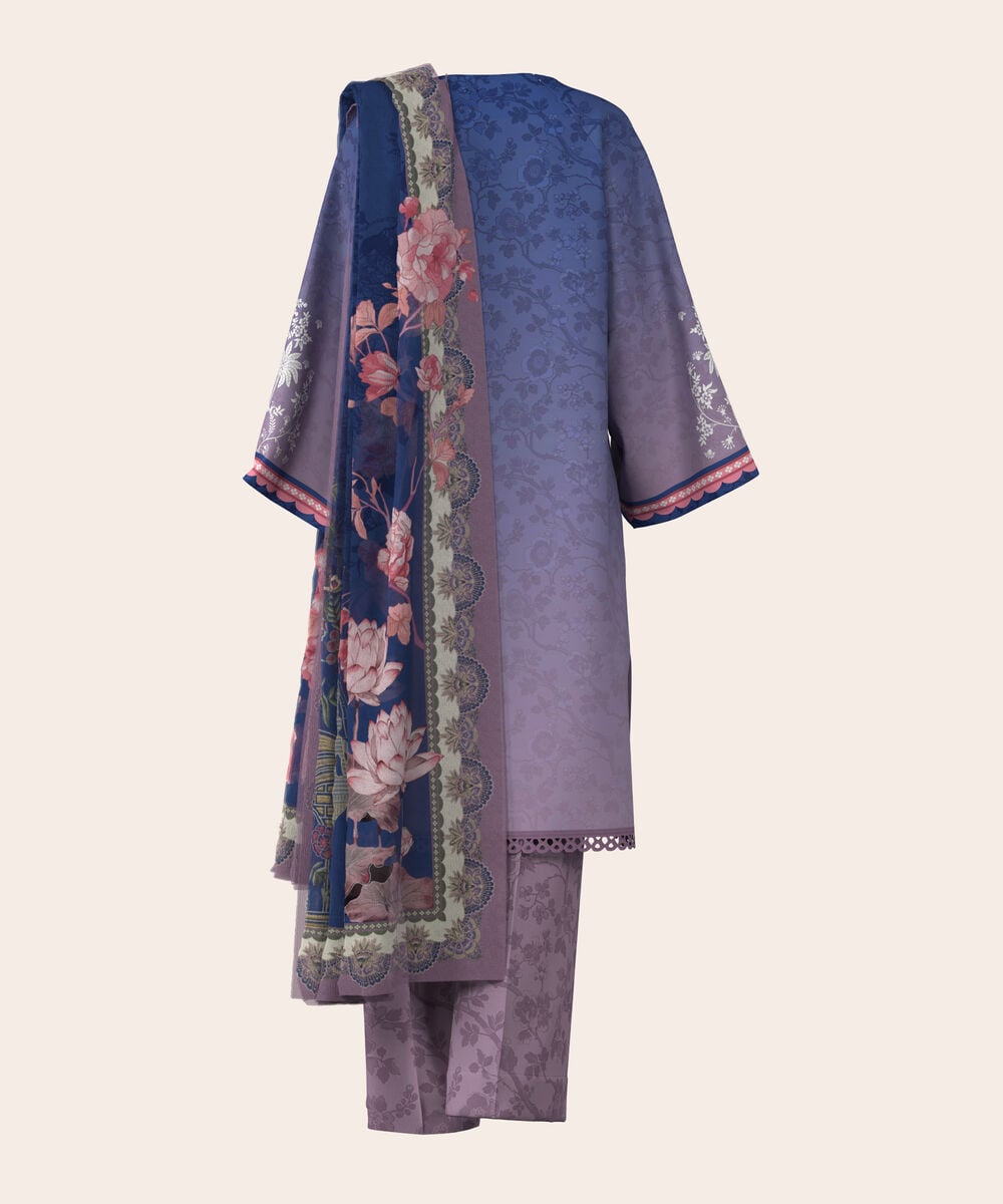 Women's Unstitched Lawn Blue and Mauve  Embroidered 3 Piece Suit