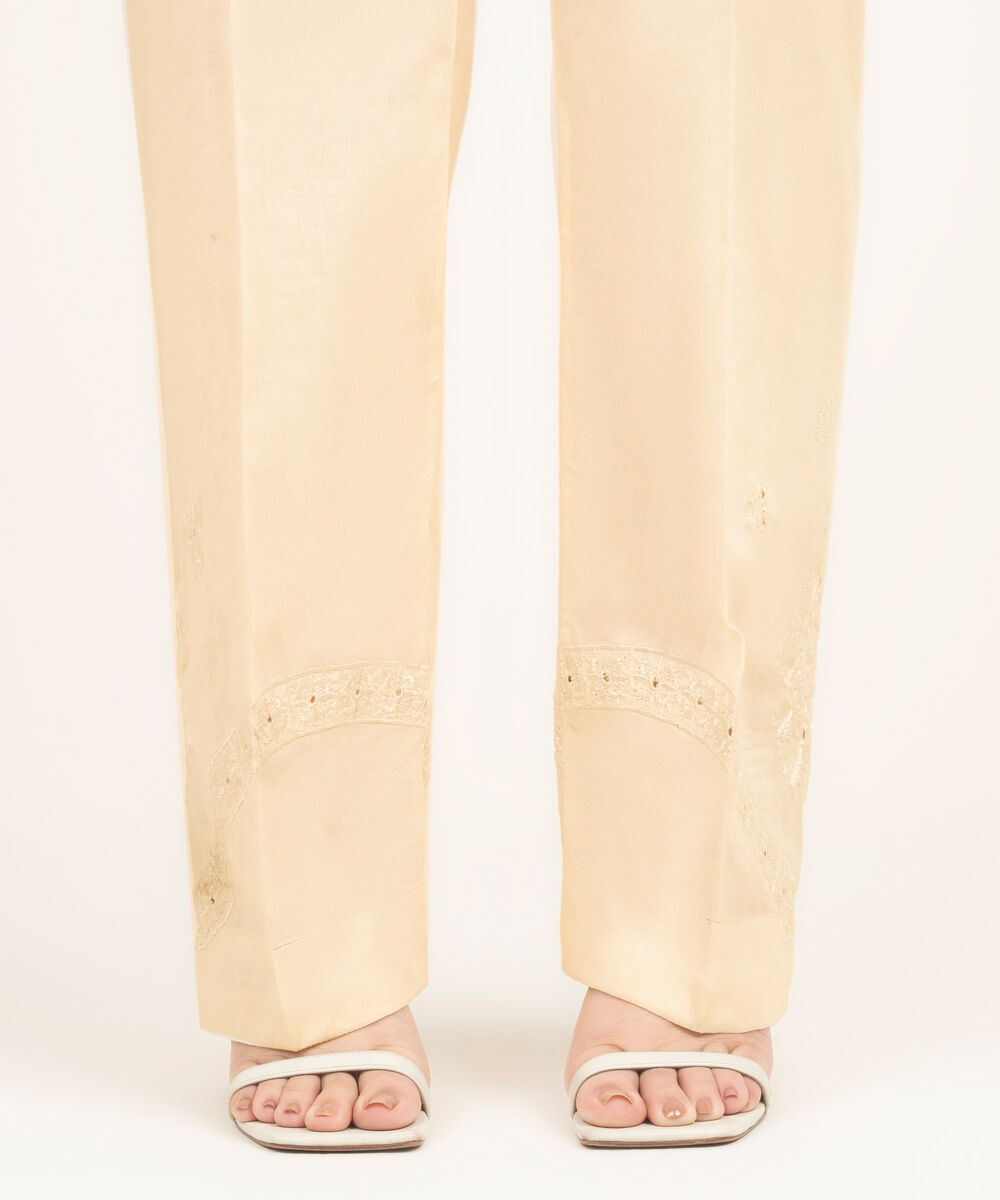 Women's RTW Self Jacquard Embroidered Off White Straight Pants