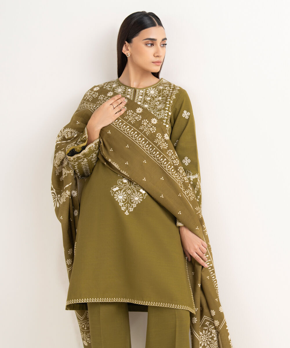 Women's Unstitched Light Khaddar Embroidered Green 3 Piece Suit
