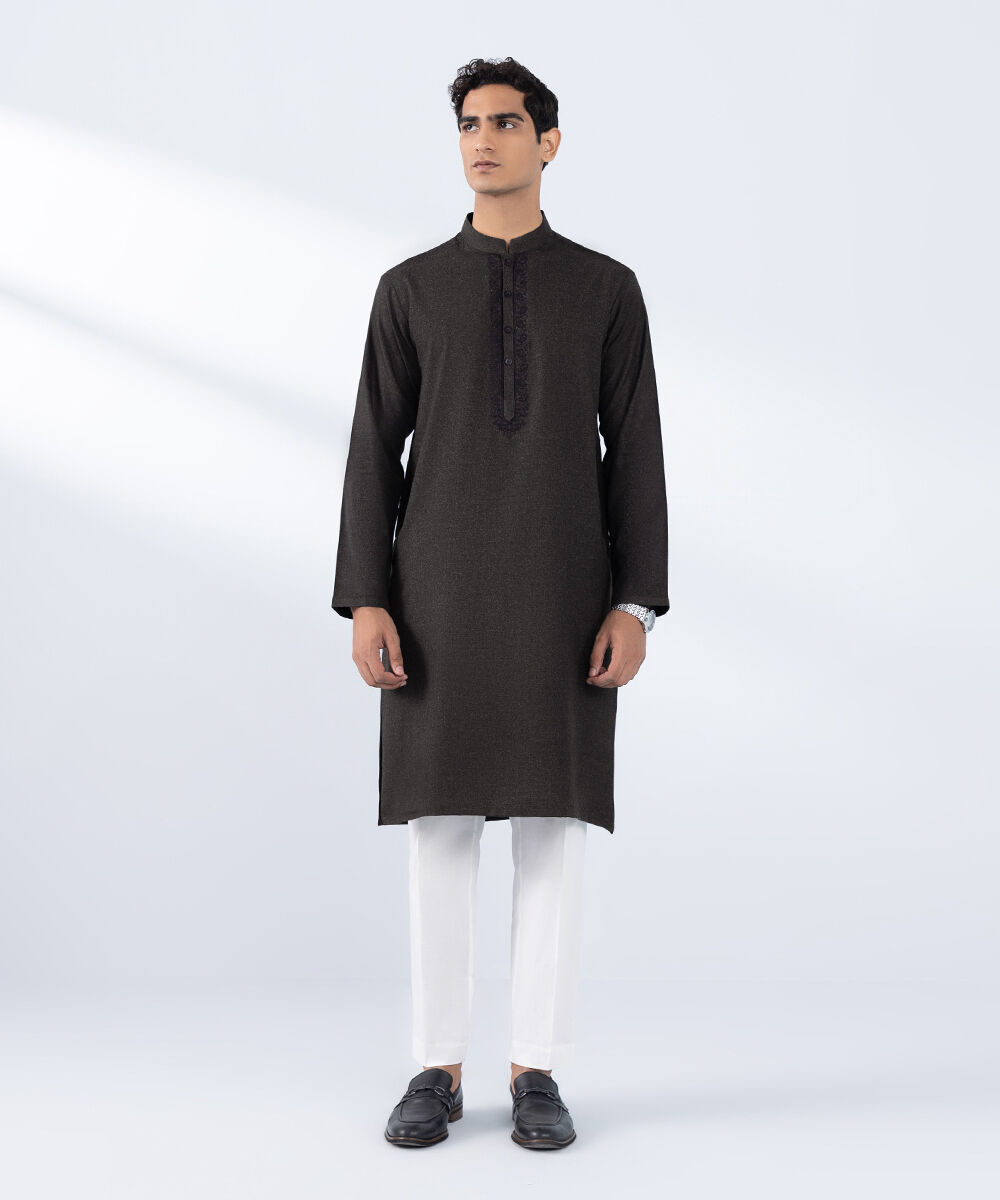 Men's Stitched  Embroidered Olive Wash & Wear Kurta