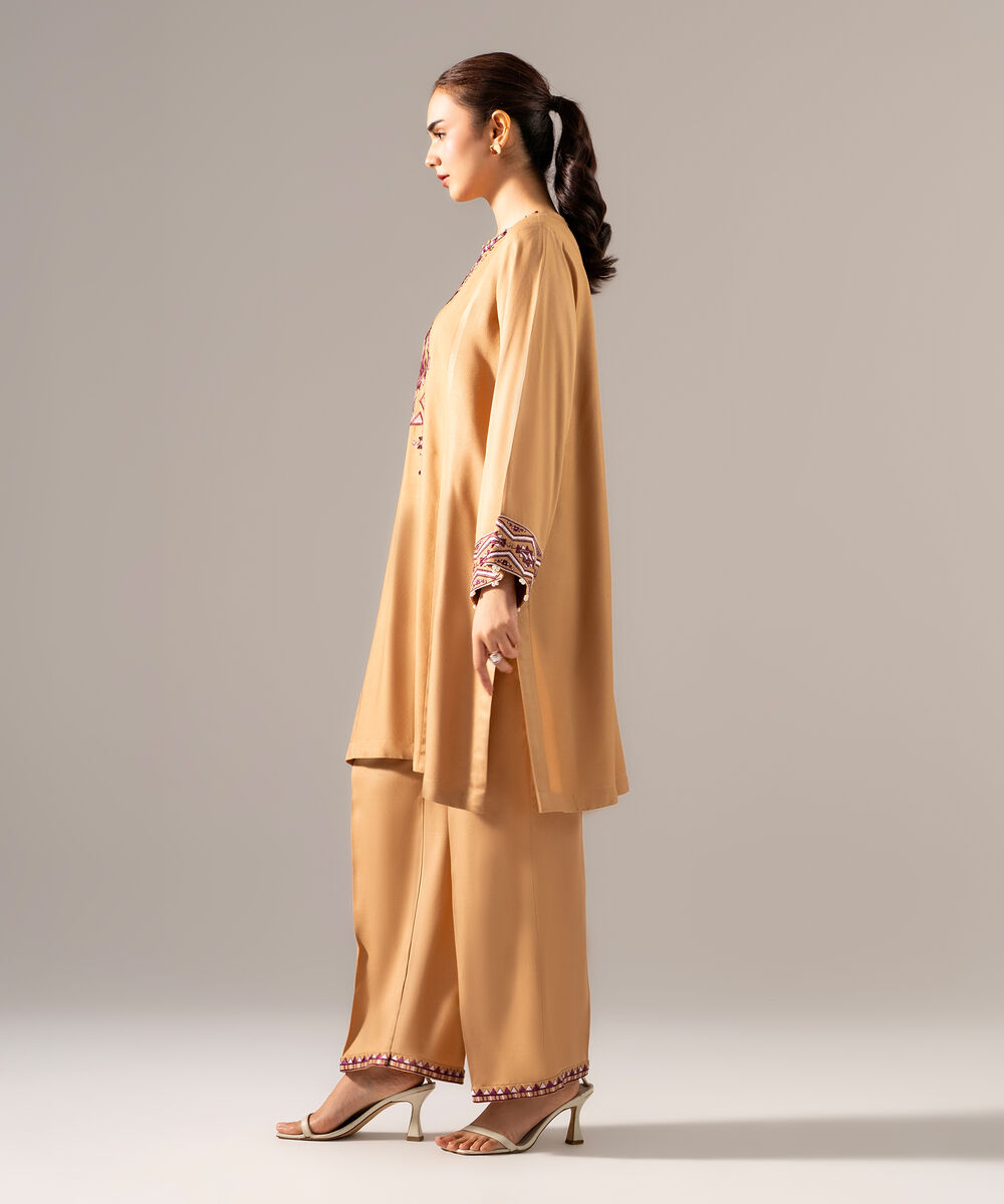 Women's RTW Bedford Solid Embroidered Dark Beige Drop Shoulder Shirt