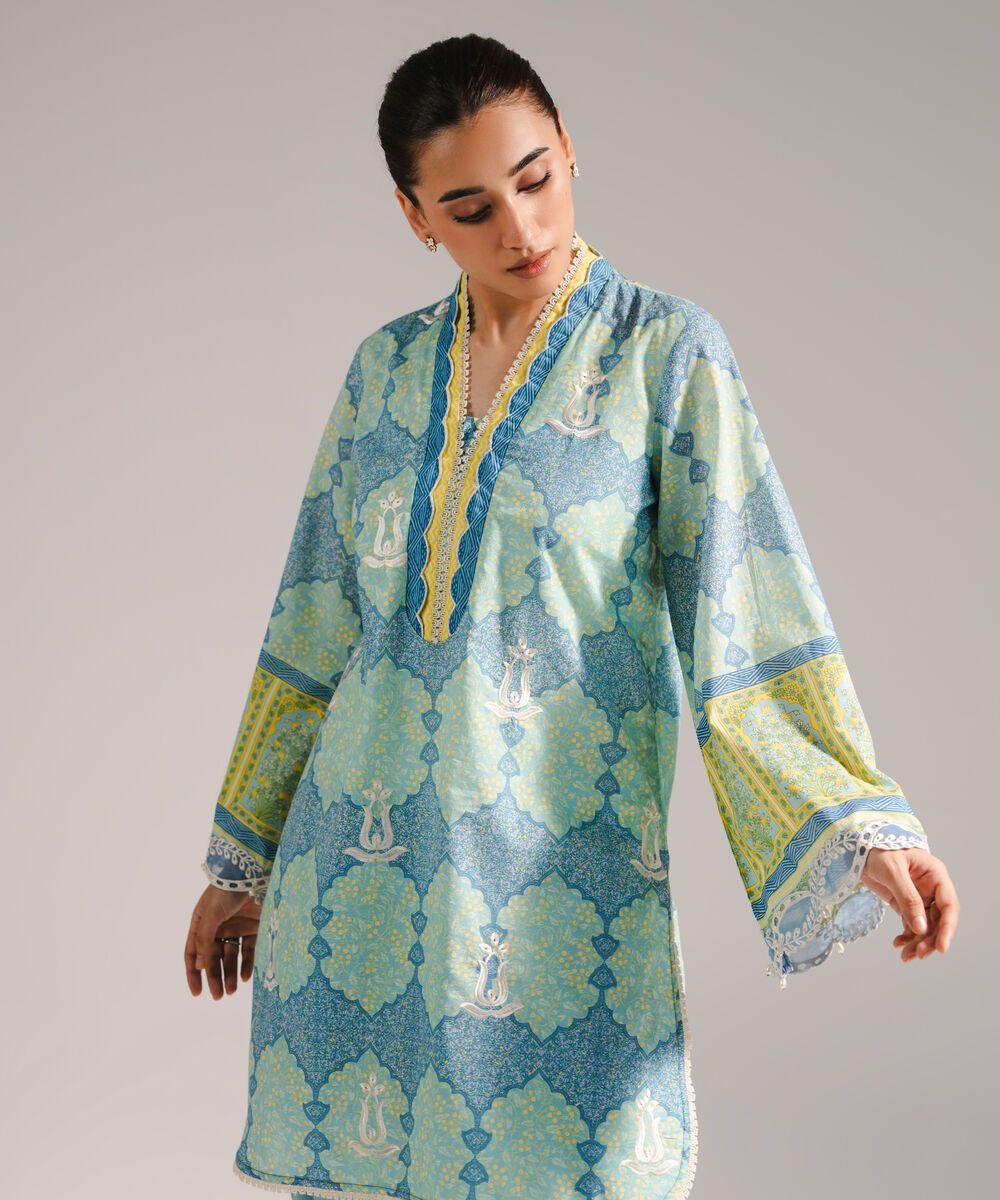Women's RTW Slub Lawn Embroidered Straight Blue Shirt