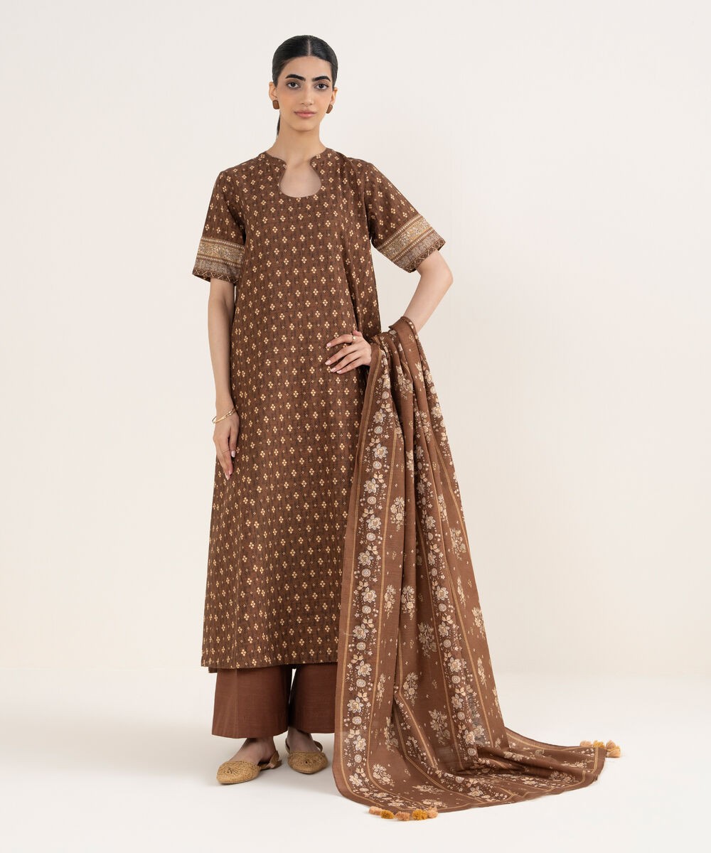Women's Unstitched Printed Khaddar Brown 3 Piece Suit