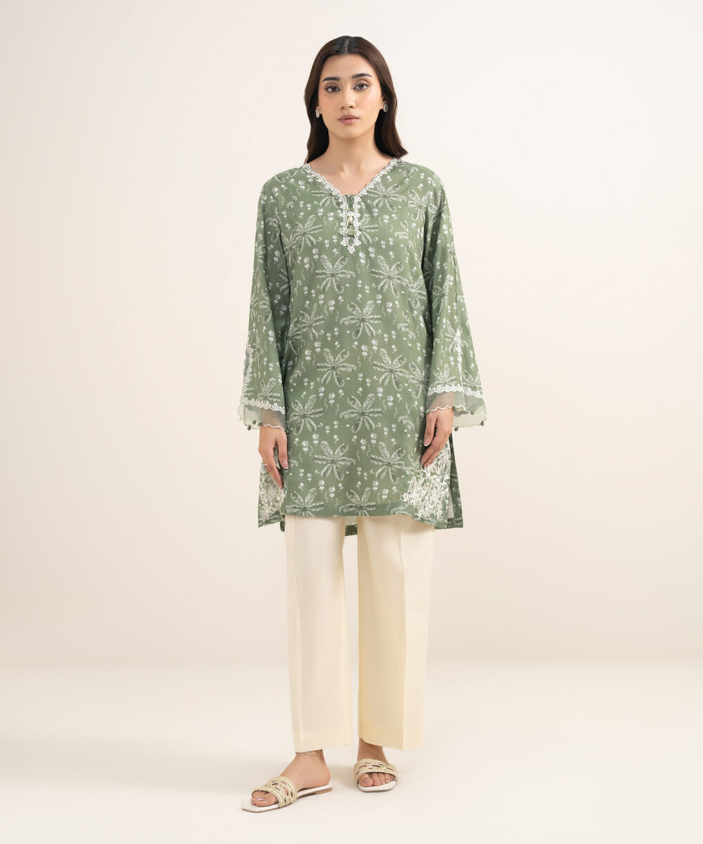 Women's RTW Viscose Raw Silk Embroidered Green Straight Shirt