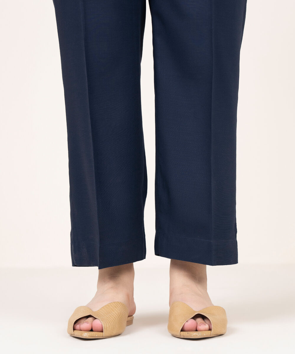 Women's RTW Arabic Khaddar Solid Navy Blue Straight Pants