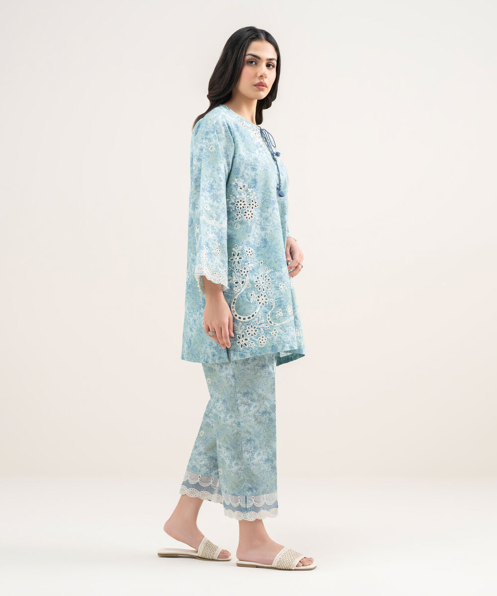 Women's RTW Zari Cotton Embroidered Blue Straight Shirt