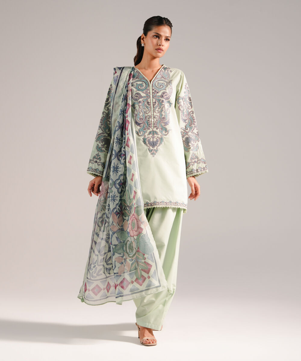 Women's RTW Zari Lawn Embroidered Mint Green 3 Piece Suit