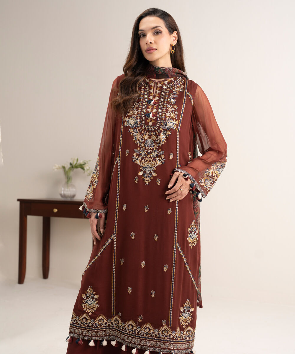 Women's Unstitched Blended Chiffon Embroidered Red 3 Piece Suit