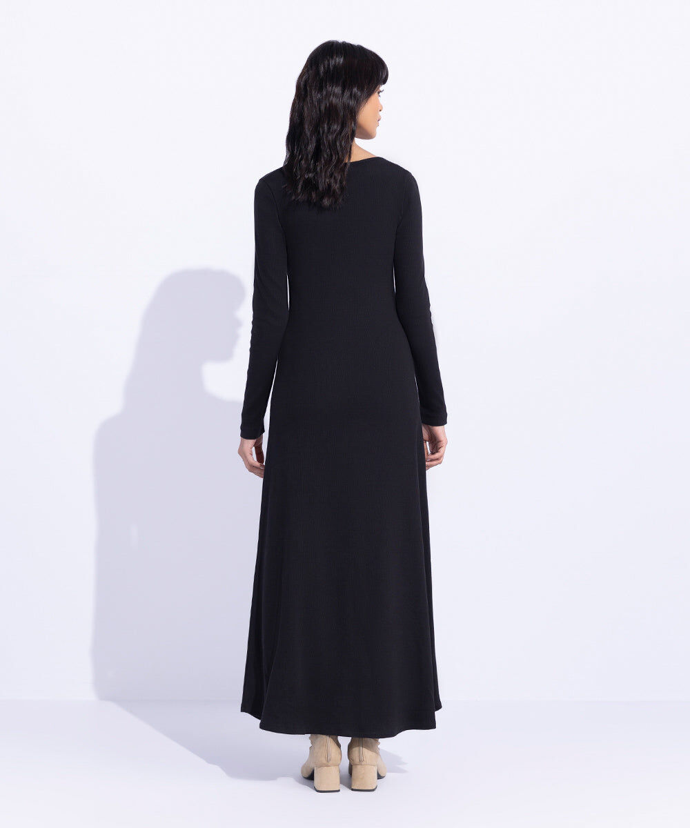 Woman - Black Square Neck Ribbed Dress