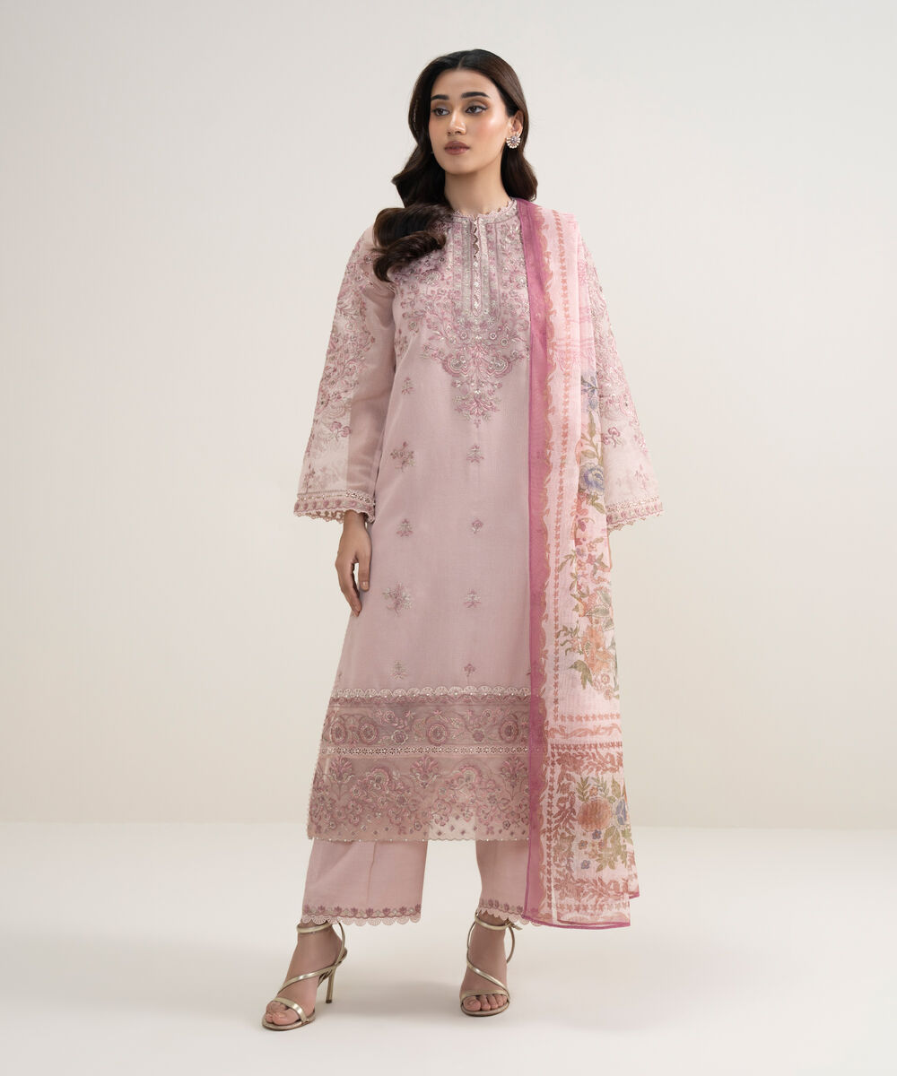Women's Unstitched Blended Viscose Khaddi Net Embroidered Pink 3 Piece Suit