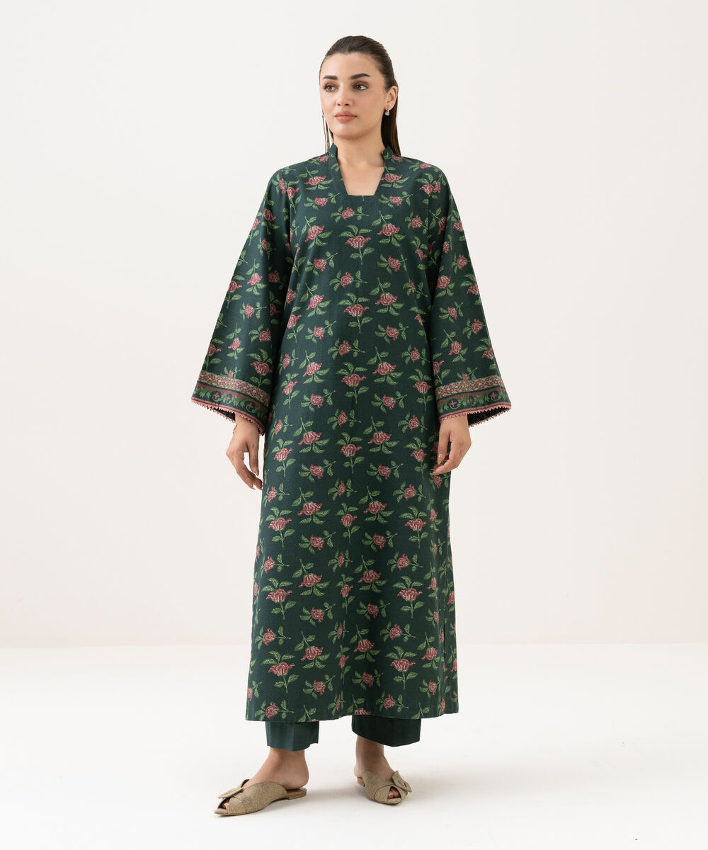 Women's Unstitched Cotton Printed Green Shirt