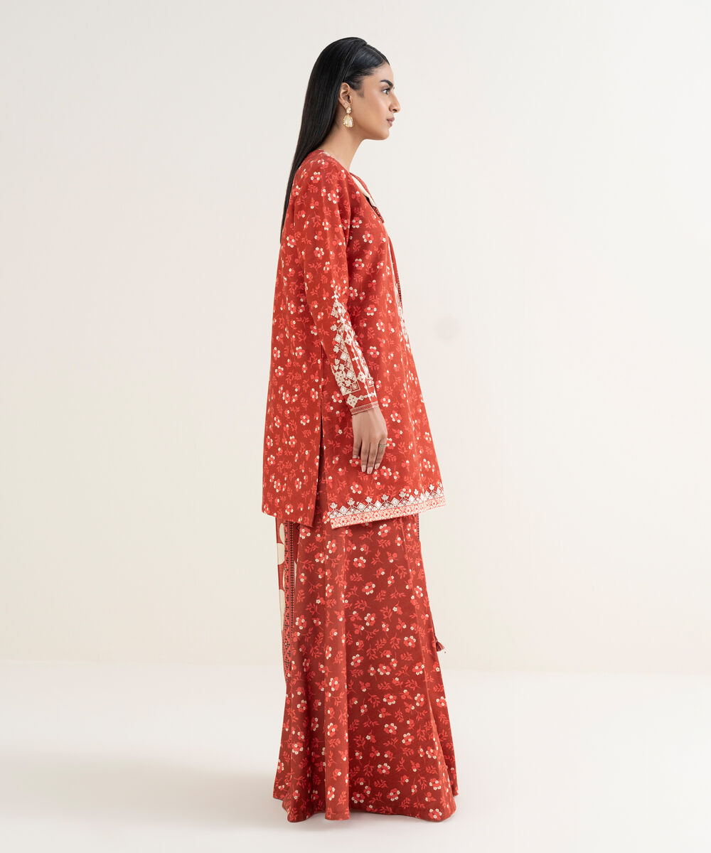 Women's Unstitched Embroidered Khaddar Red 3 Piece Suit