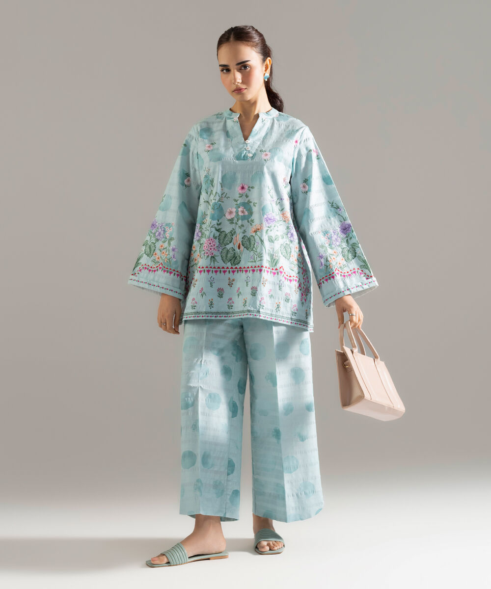 Women's RTW Seersucker Printed Blue Straight Shirt