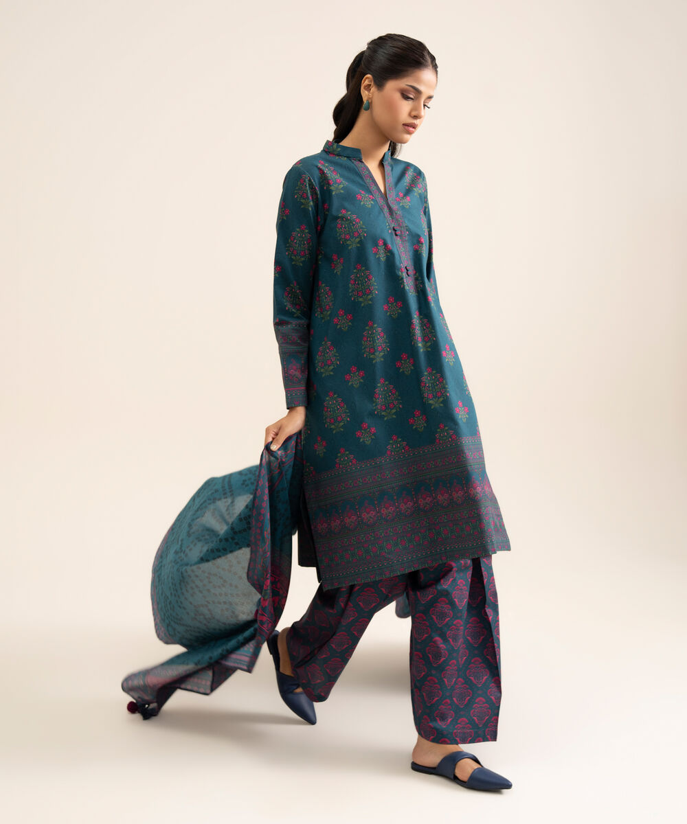 Women's Unstitched Cotton Printed Blue 3 Piece Suit