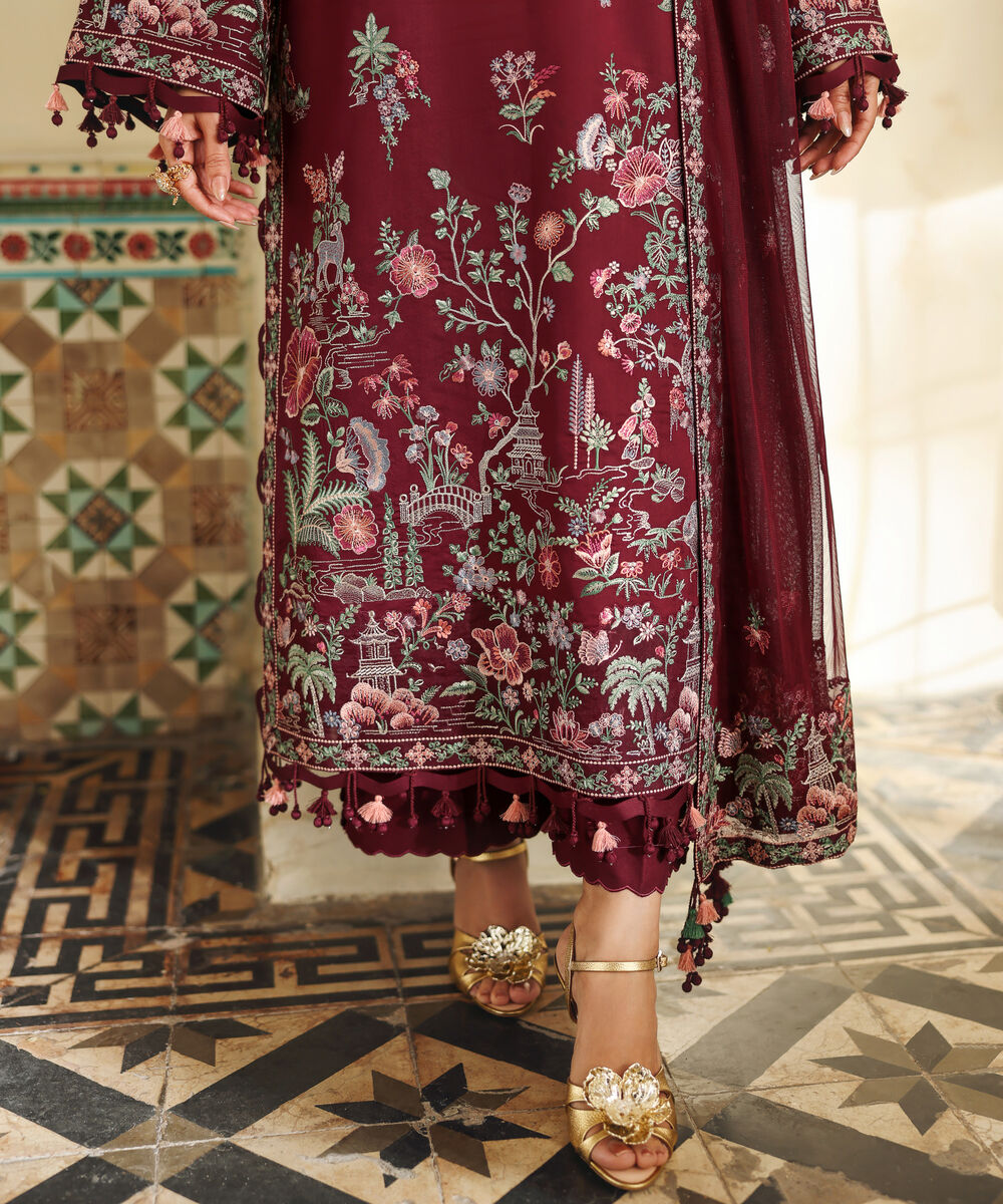 Women's Unstitched Fine Cotton Satin Embroidered Red 3 Piece Suit