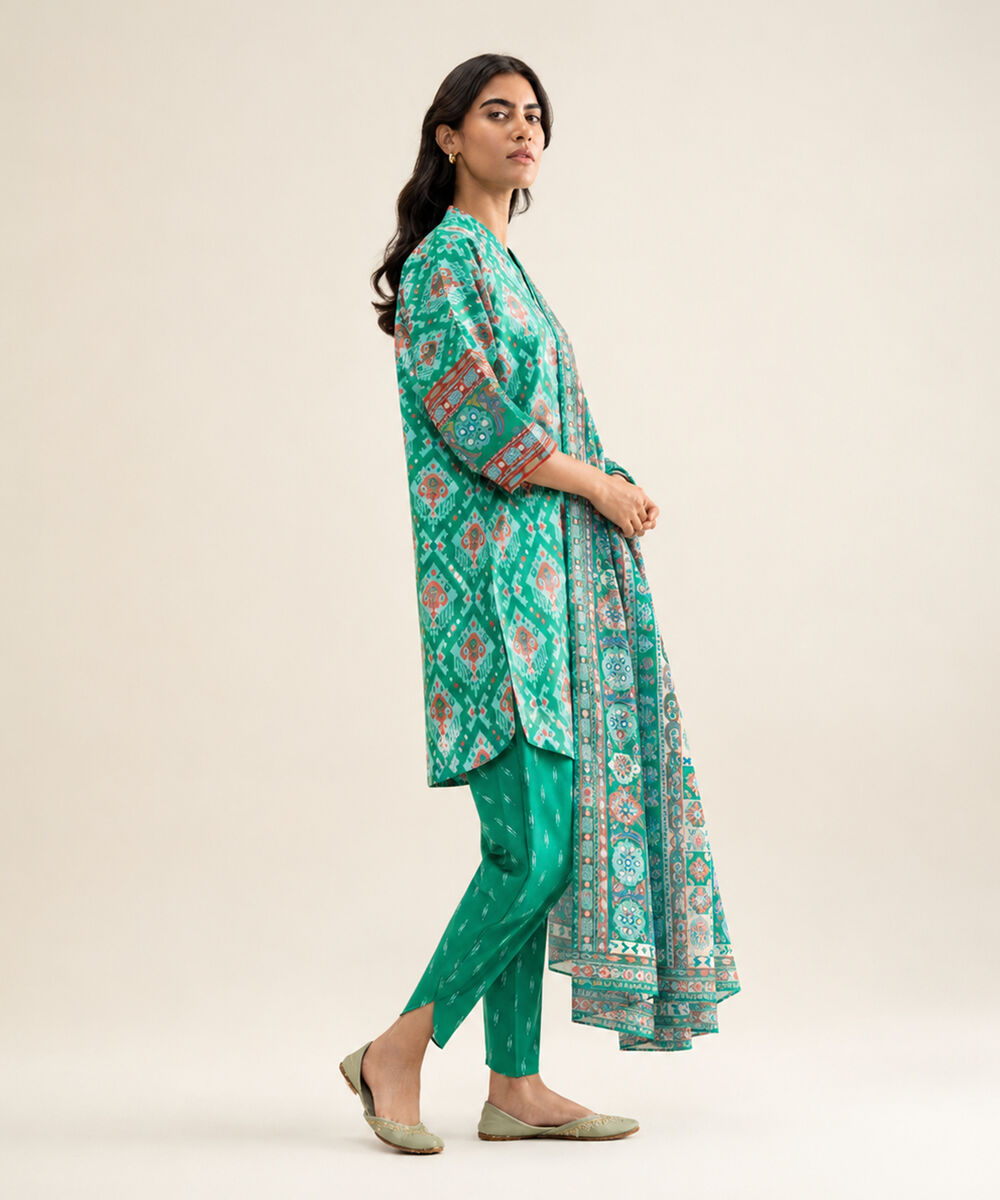 Women's Unstitched Cotton Printed Blue 3 Piece Suit