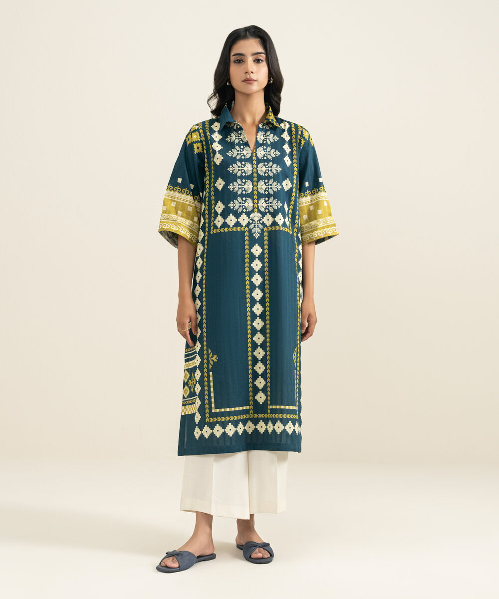 Women's RTW Textured Cotton Printed Blue A-Line Shirt