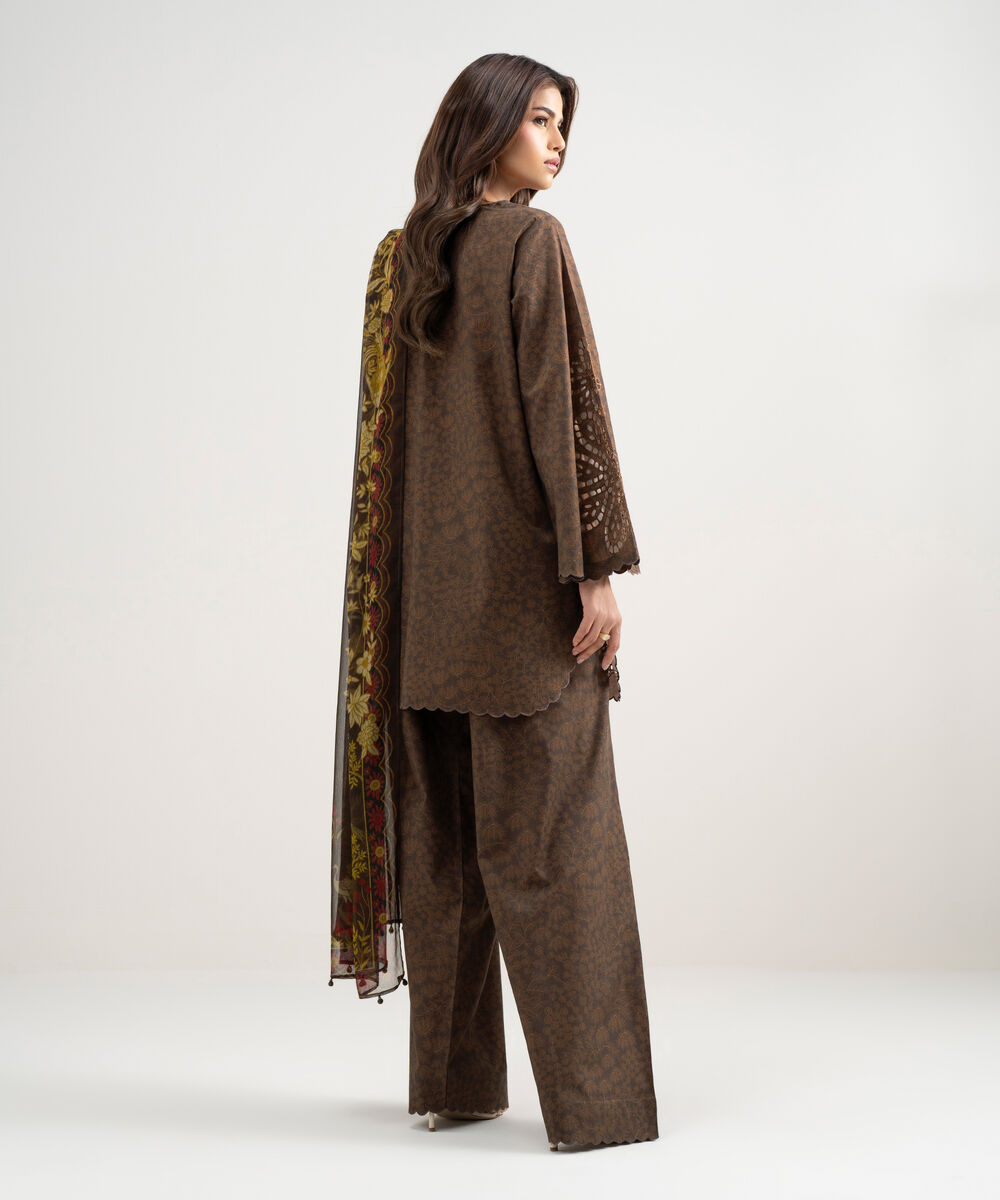 Women's Unstitched Lawn Embroidered Brown 3 Piece Suit
