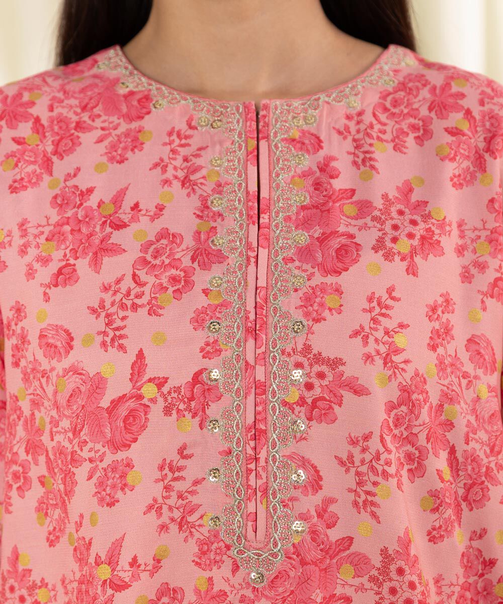 Women Pink Viscose Raw Silk 3 PC Embroidered Suit