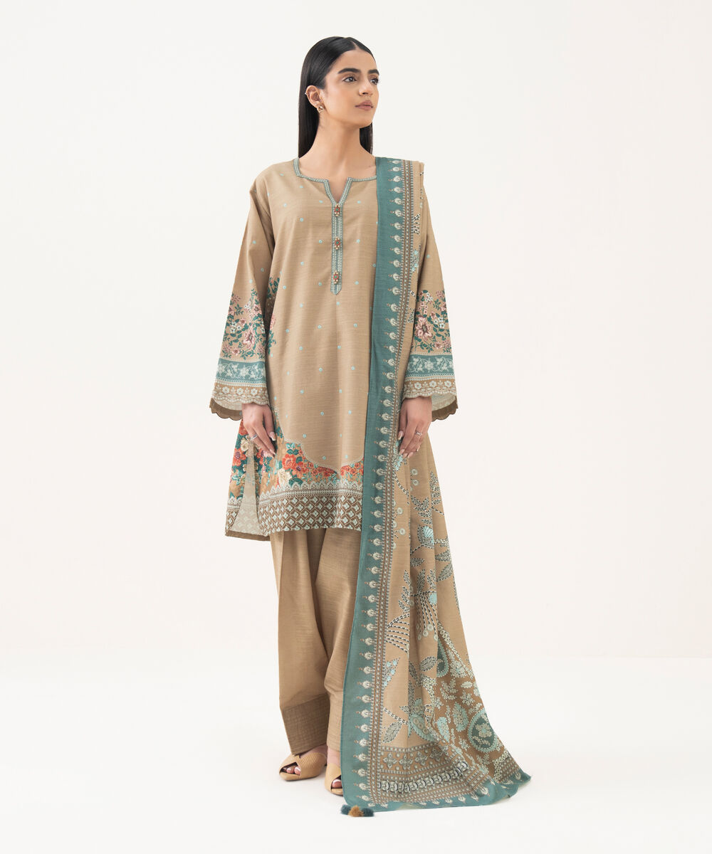 Women's Unstitched Light Khaddar Embroidered Beige 3 Piece Suit