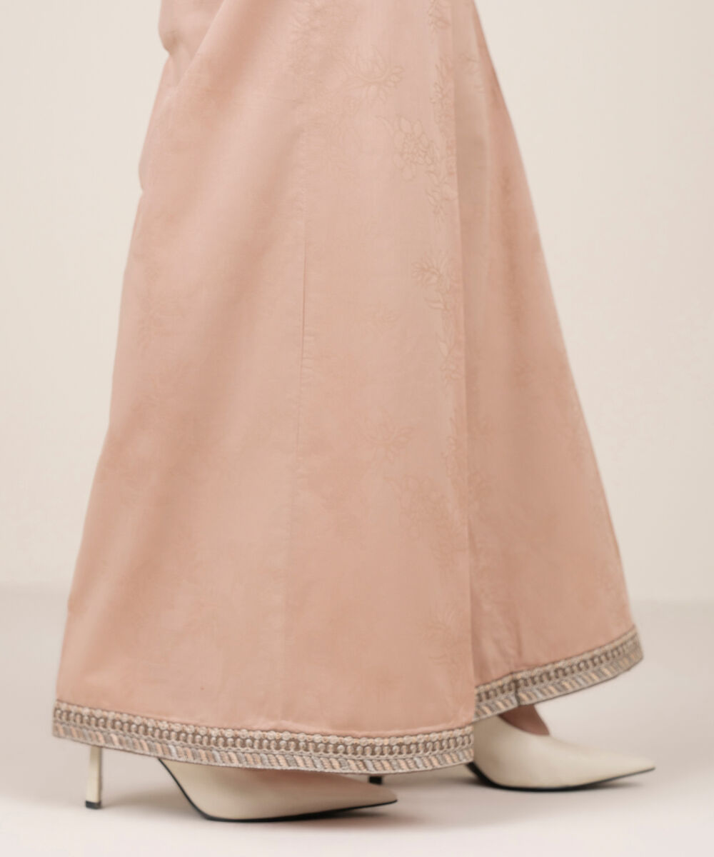 Women's RTW Self Jacquard Leno Embroidered Dusty Pink Flared Pants