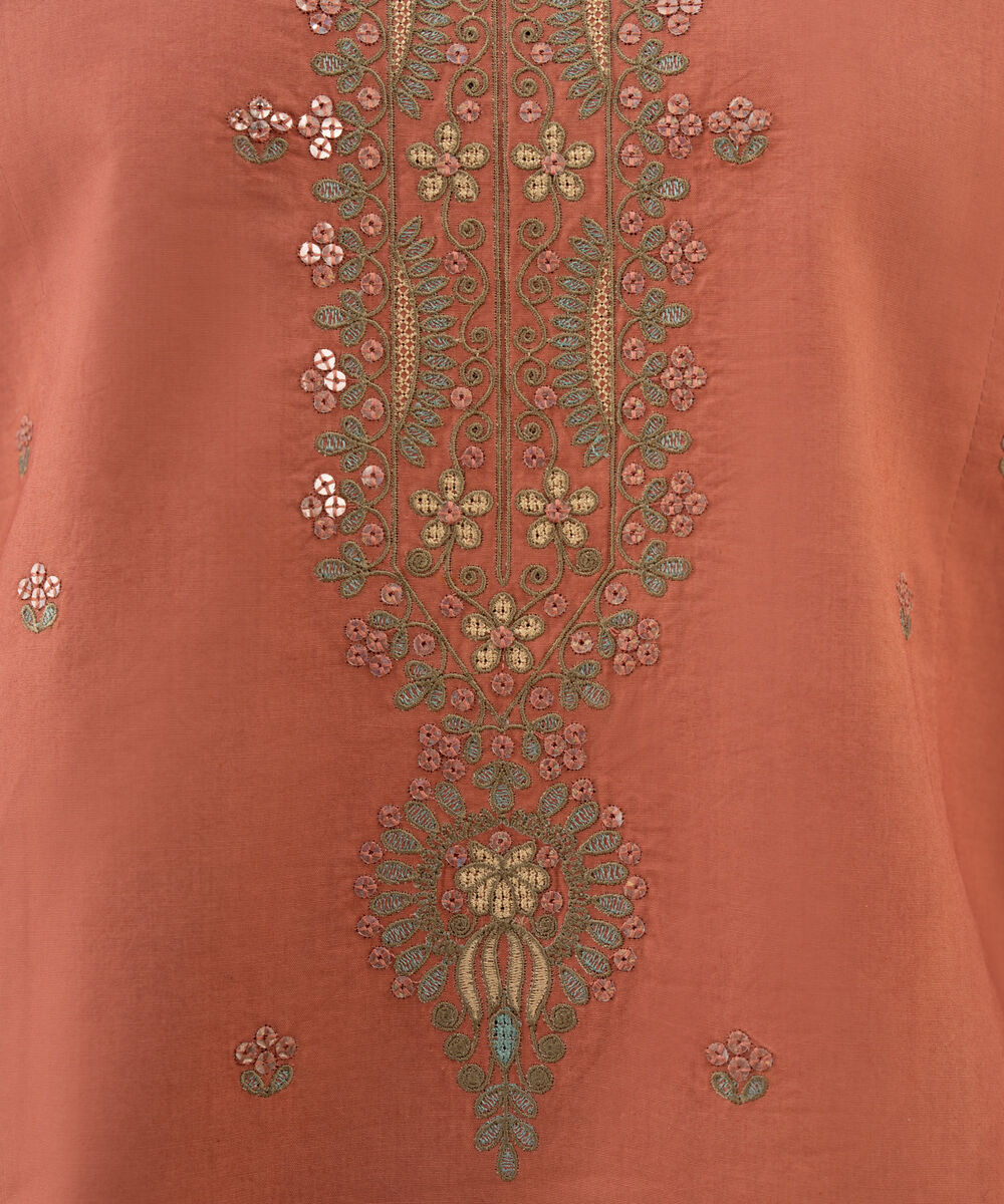 Women's Unstitched Cotton Embroidered Brown 3 Piece Suit