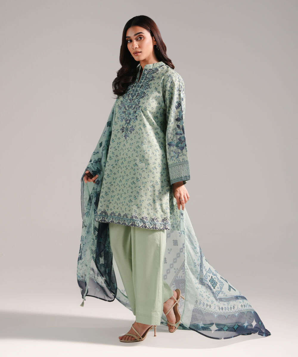 Women's RTW Lawn Printed Green 3 Piece Suit