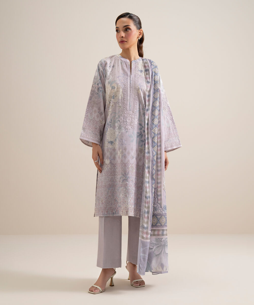 Women's Unstitched Lawn Embroidered Light Purple 3 Piece Suit