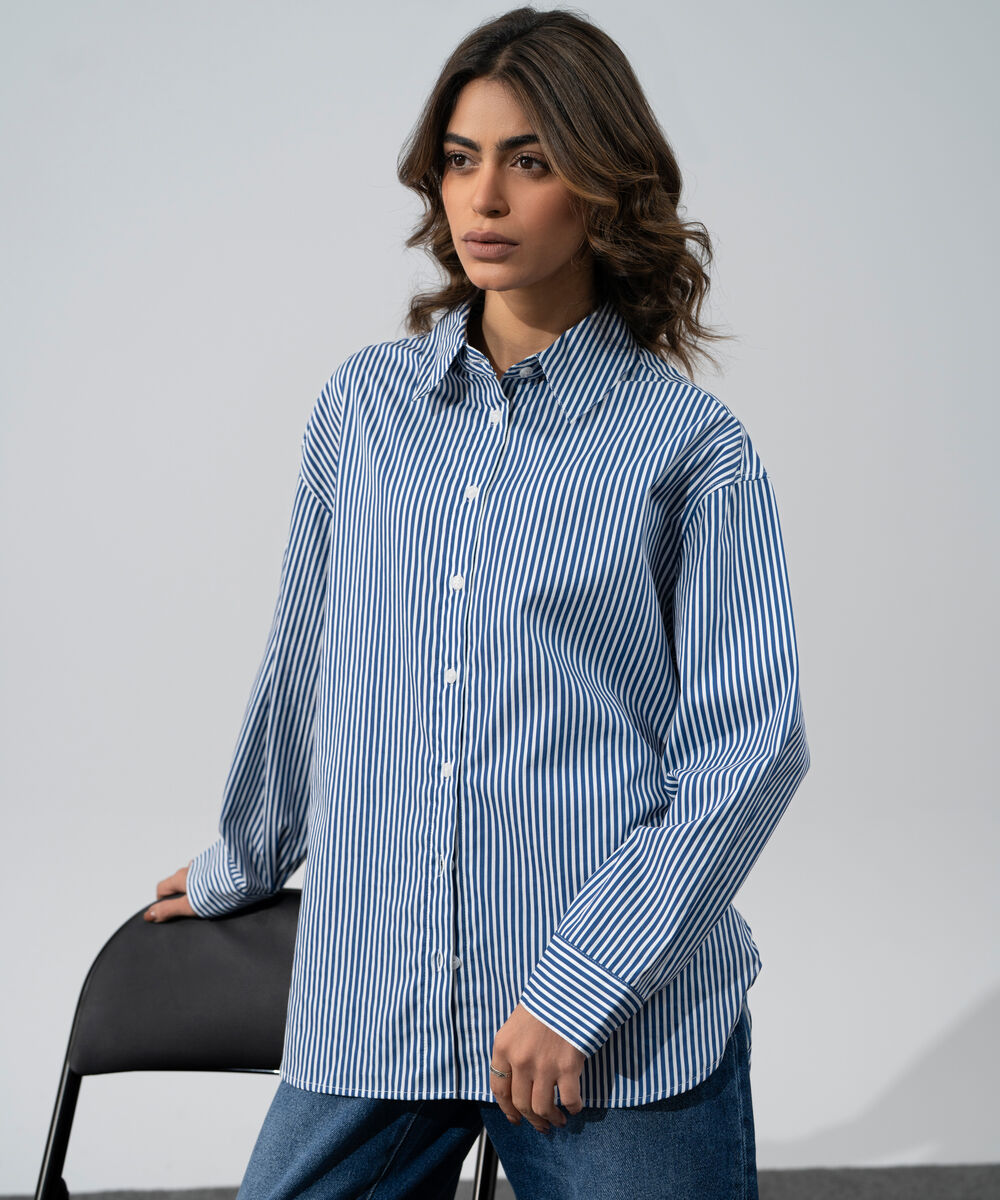 Women's Western Wear Blue And White Cotton Striped Button-Up Shirt