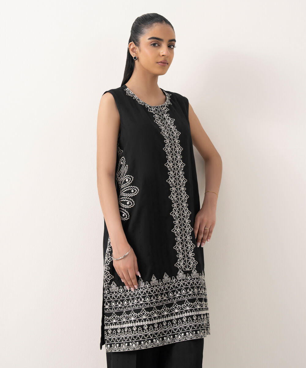 Women's RTW Cotton Jacquard Embroidered Black Straight Shirt