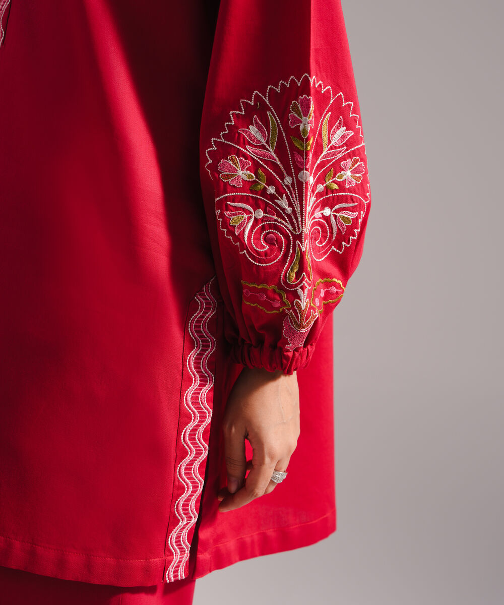 Women's RTW Textured Cotton Embroidered Straight Red Shirt