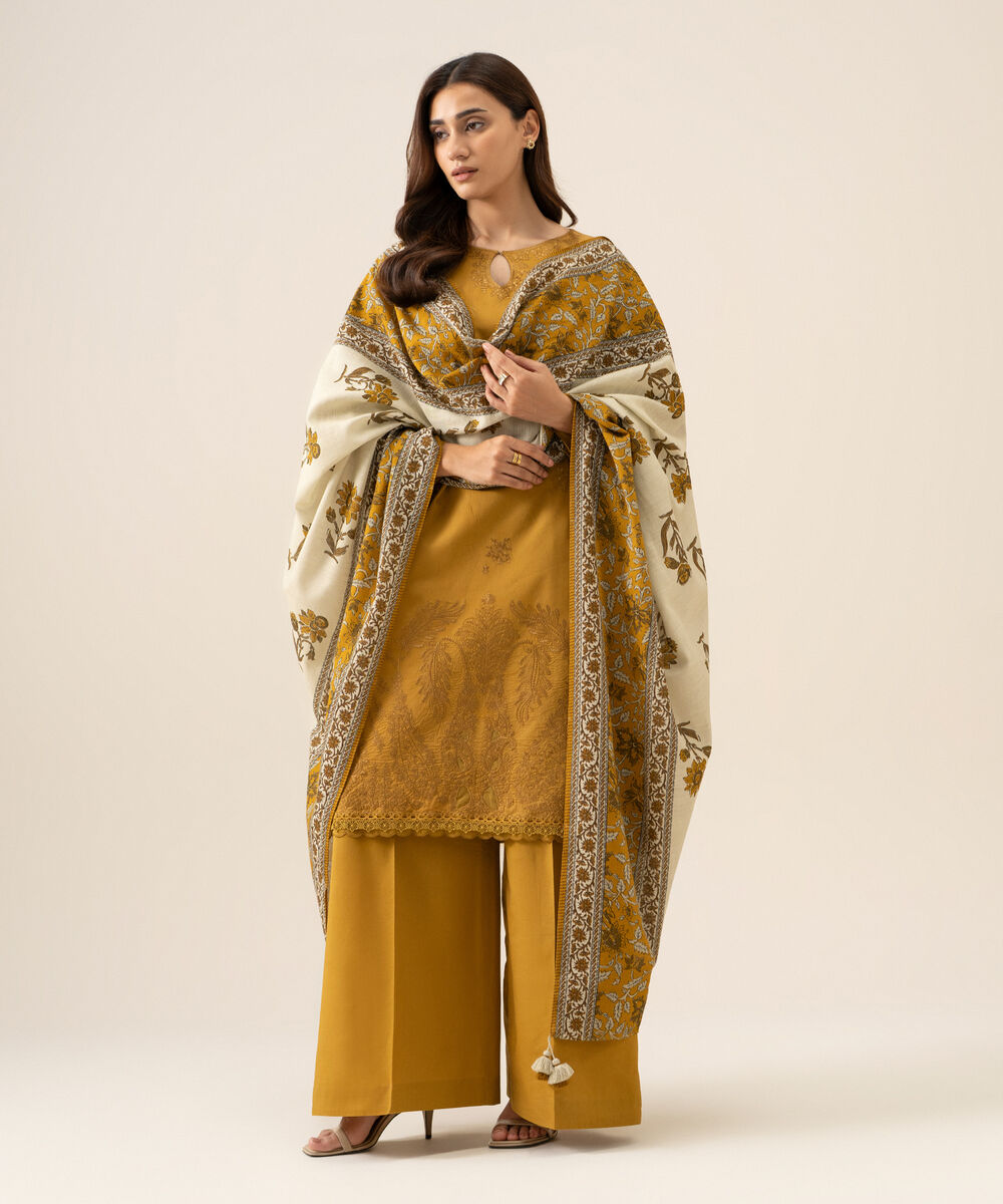 Women's Unstitched Lawn Embroidered Mustard 3 Piece Suit