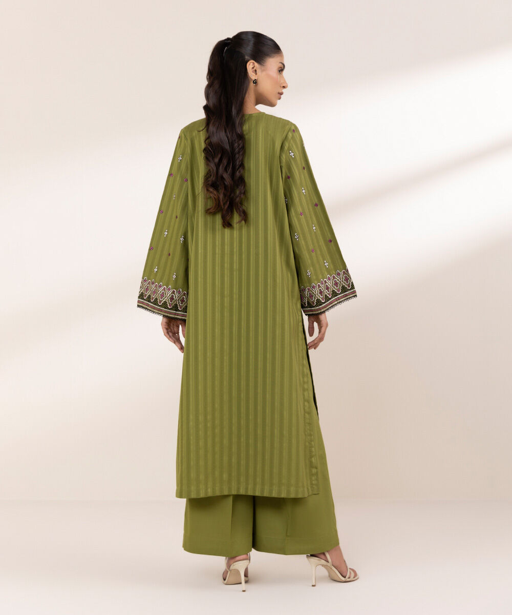 Women's RTW Textured Cotton Green Embroidered A-Line Shirt