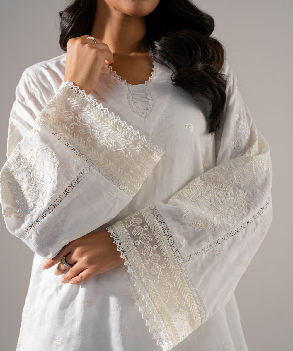 Women's RTW Self Jacquard Solid Embroidered Off White 2 Piece Suit