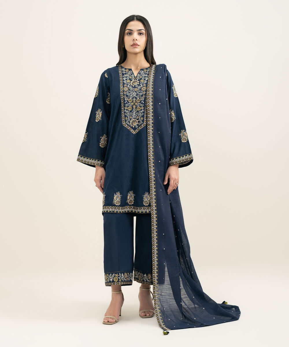 Women's RTW Self Jacquard Embroidered Blue Straight Shirt