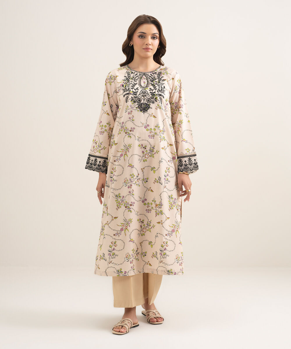 Women's RTW Lawn Embroidered Beige A-Line Shirt