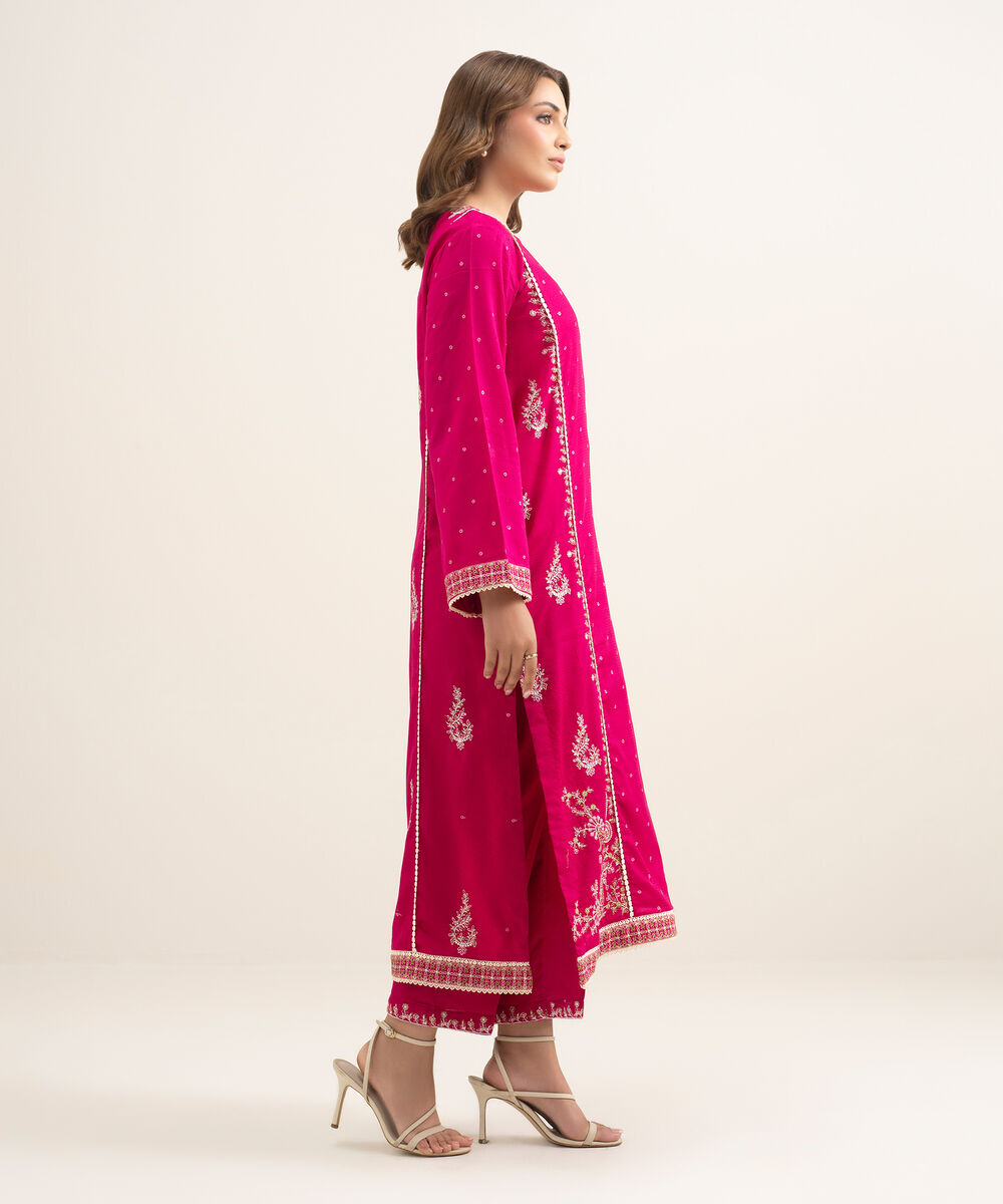 Women's RTW Dobby Embroidered Pink A-Line Shirt