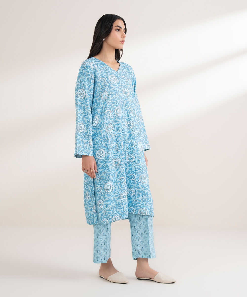 Women's RTW Arabic Khaddar Printed Straight Blue Shirt