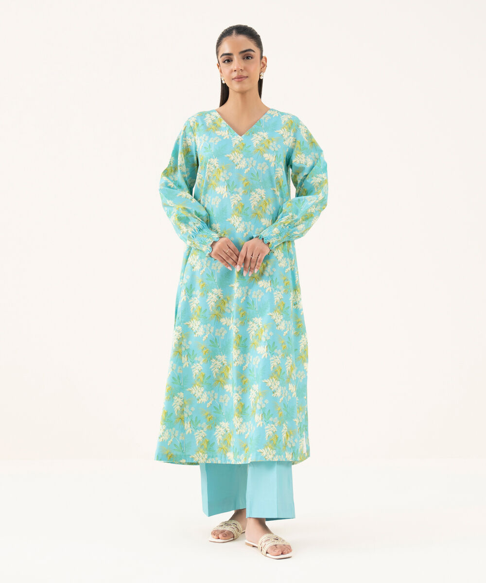Women's Unstitched Cotton Printed Blue Two Piece Suit