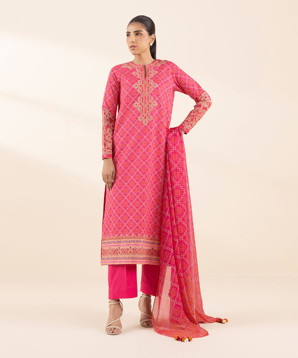 Women's Unstitched Lawn Embroidered Pink 3 Piece Suit