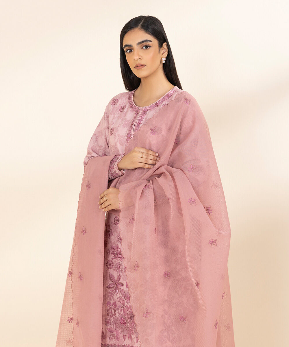 Women's Unstitched Embroidered Cotton Jacquard Pink 3 Piece Suit