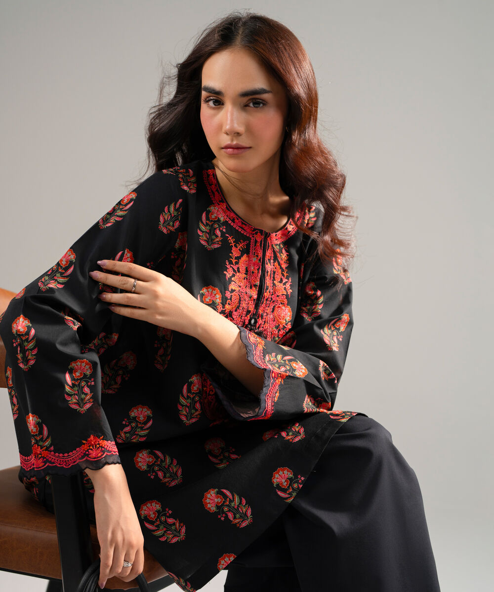 Women's RTW Lawn Embroidered Black Boxy Shirt