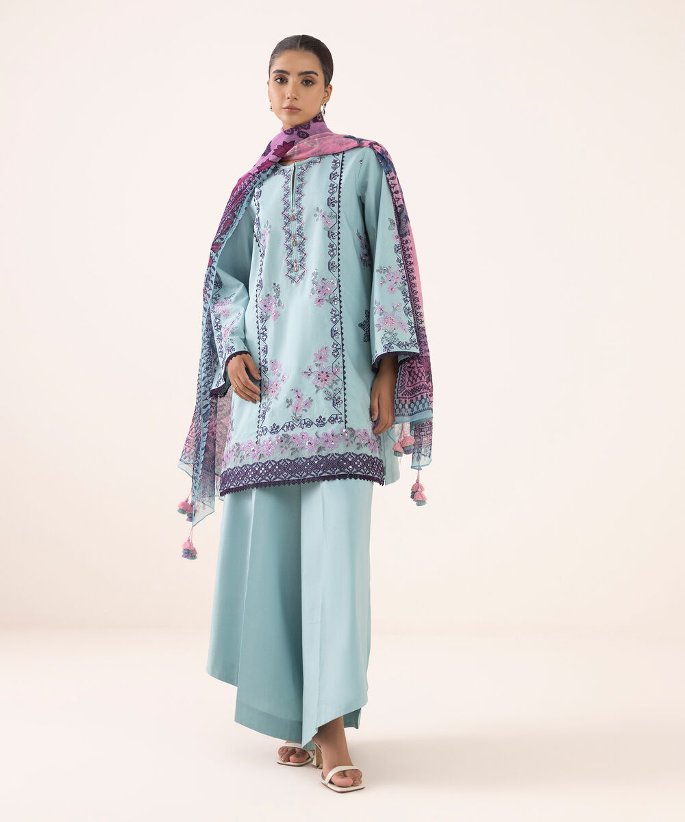 Women's Unstitched Cotton Embroidered Aqua Three Piece Suit