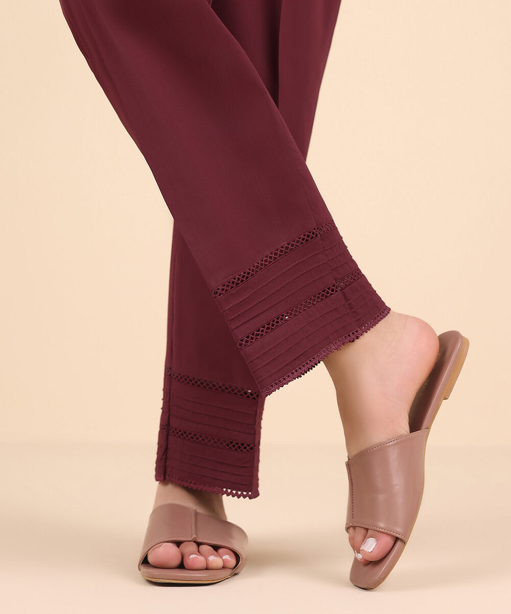 Women's Pret Cambric Red Solid Straight Pants