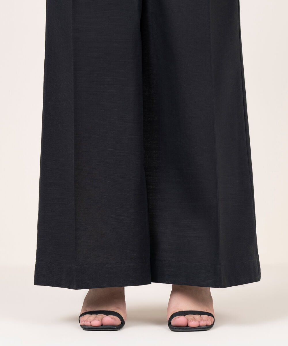 Women's RTW Cotton Solid Black Flared Pants