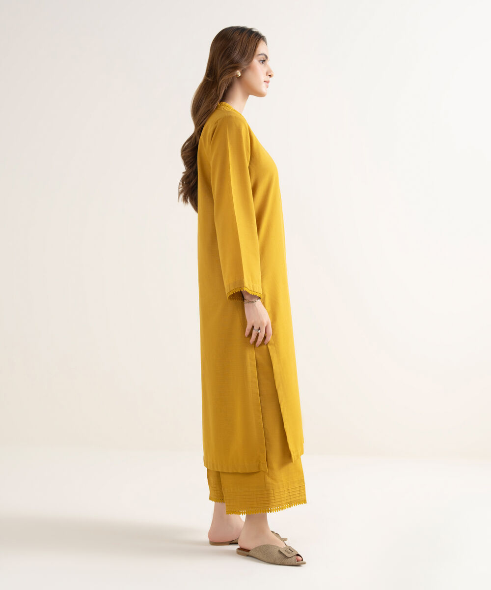 Women's RTW Textured Cotton Solid Straight Yellow Shirt