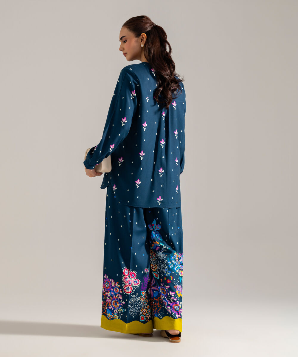 Women's RTW Printed Blue Viscose Linen 2 Piece Suit