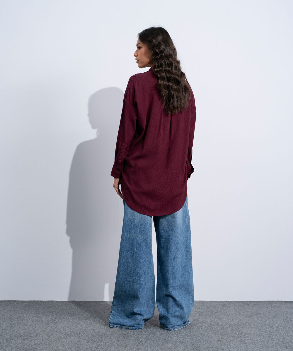 Women's Western Burgundy Button Through Seersucker Shirt